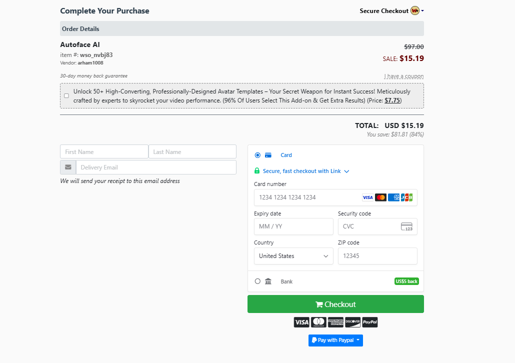 AutoFace AI Checkout Page